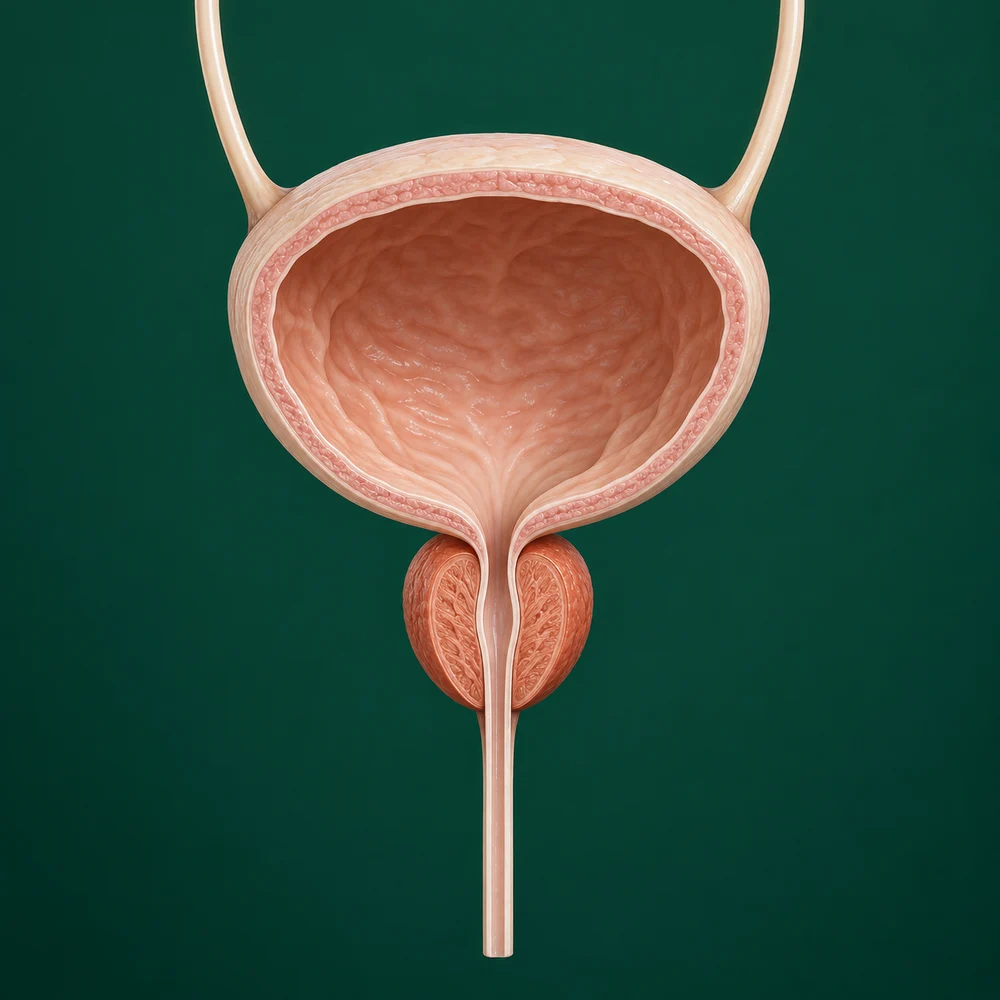 Illustration anatomique simplifiée : la prostate se situe sous la vessie et entoure l’urètre.