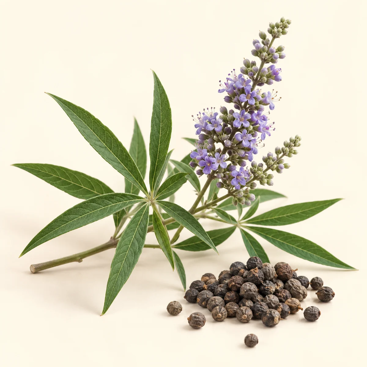 Fleurs, feuilles et fruits du gattilier — illustration botanique